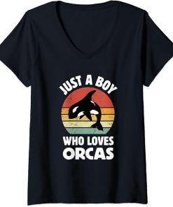 Womens Cute Just A Boy Who Loves Orcas Sea Animal Orca Lover V-Neck T-Shirt