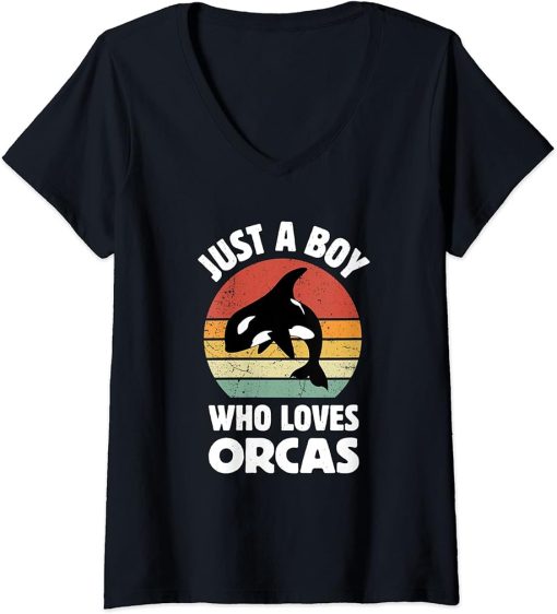 Womens Cute Just A Boy Who Loves Orcas Sea Animal Orca Lover V-Neck T-Shirt