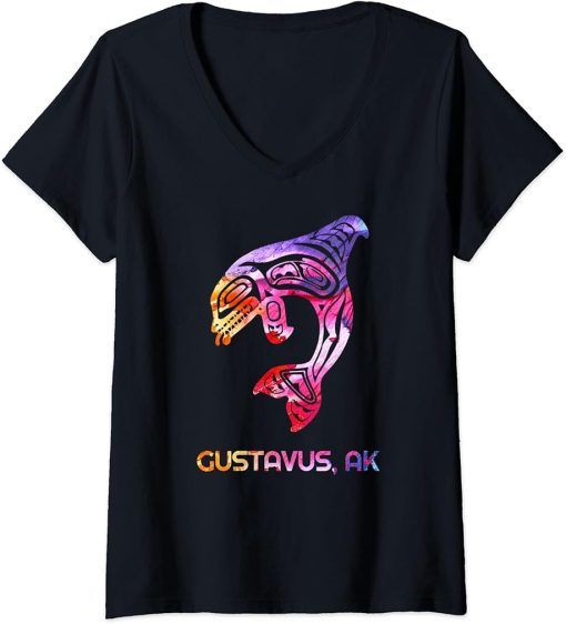 Womens Tribal Gustavus AK Orca Killer Whale Native American V-Neck T-Shirt