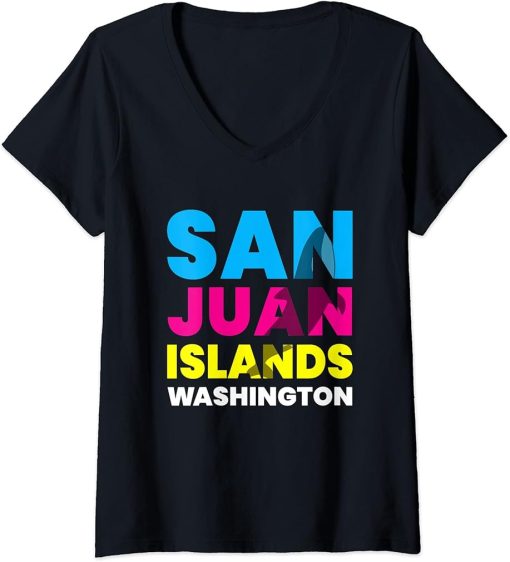 Womens San Juan Islands WA Washington Orca Trip Souvenir Colorful V-Neck T-Shirt