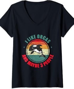 Womens Retro Killer Whale I Like Orcas And Maybe Like 3 People V-Neck T-Shirt