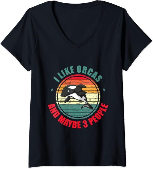 Womens Retro Killer Whale I Like Orcas And Maybe Like 3 People V-Neck T-Shirt